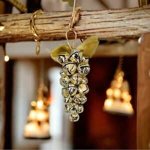 Vintage Jingle Bells Gold Metal Grape Cluster Ornament 9"x4" Xmas Tree Decor VG